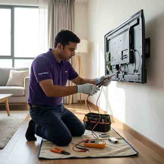 Technician working with electronic hardware during installation
